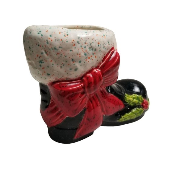 Ceramic Santa Claus Boot Black Christmas Vintage Holly Vase Planter Holiday Bow - Picture 7 of 14